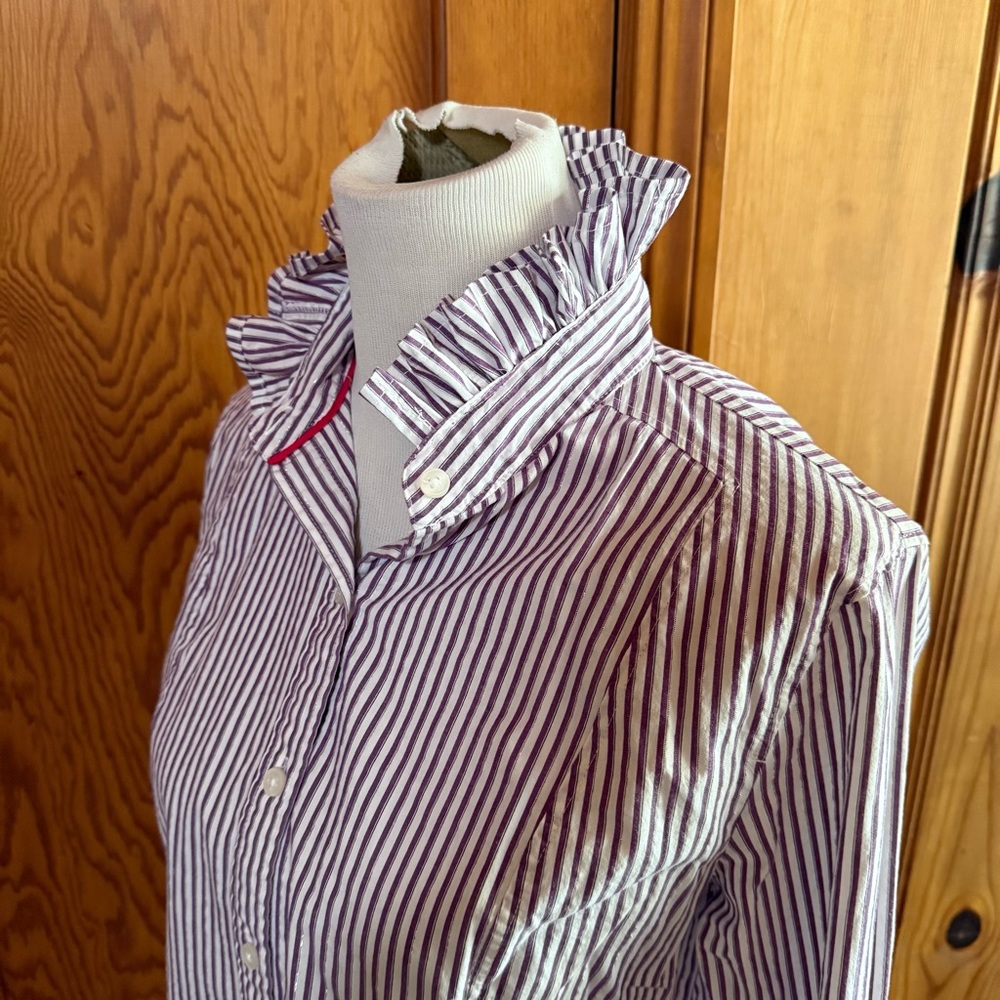 Upcycled Ruffle Collar apostrophe purple and white stripes sz large